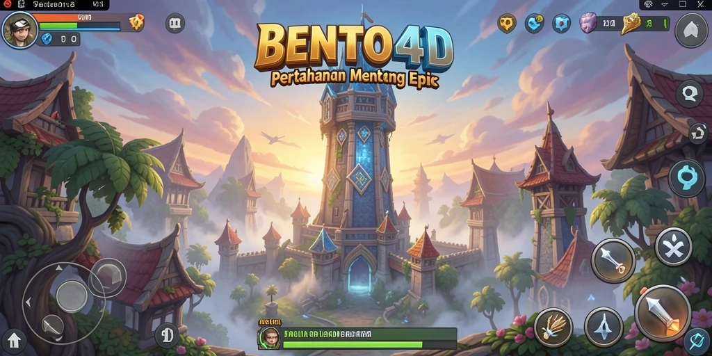 Tampilan gameplay BENTO4D menara yang sedang bertahan dari serangan musuh.