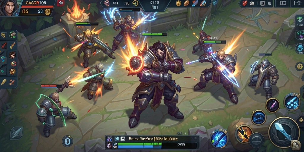Screenshot GACOR108 menampilkan aksi pertempuran MOBA yang seru.