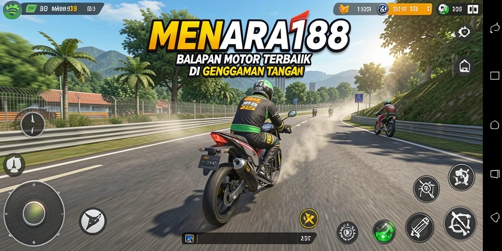 Screenshots MENARA188 memperlihatkan aksi balapan menarik dan motor yang keren.