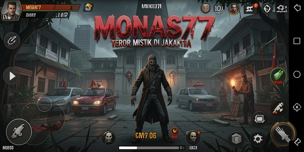 Screenshot gameplay MONAS77 menampilkan suasana mencekam di Jakarta.