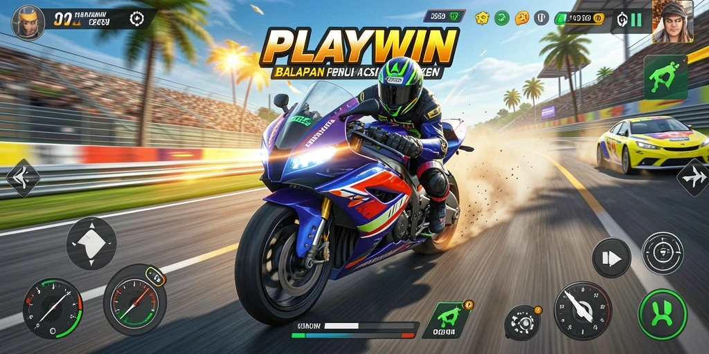 Screenshot menunjukkan aksi balapan motor yang mendebarkan dan seru.