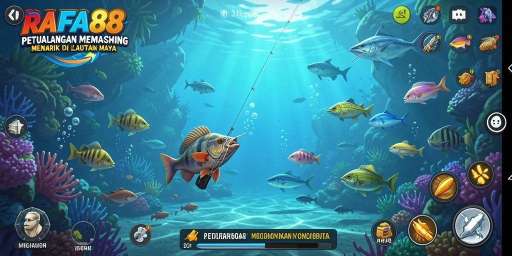 Screenshot utama RAFA88 menampilkan aksi memancing yang seru di laut.