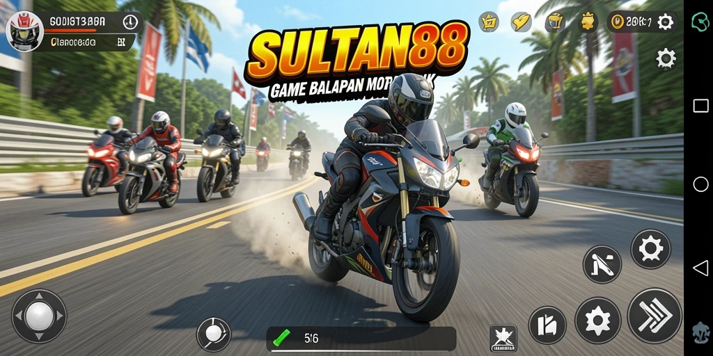 Tampilan gameplay seru dalam SULTAN88 saat balapan motor.